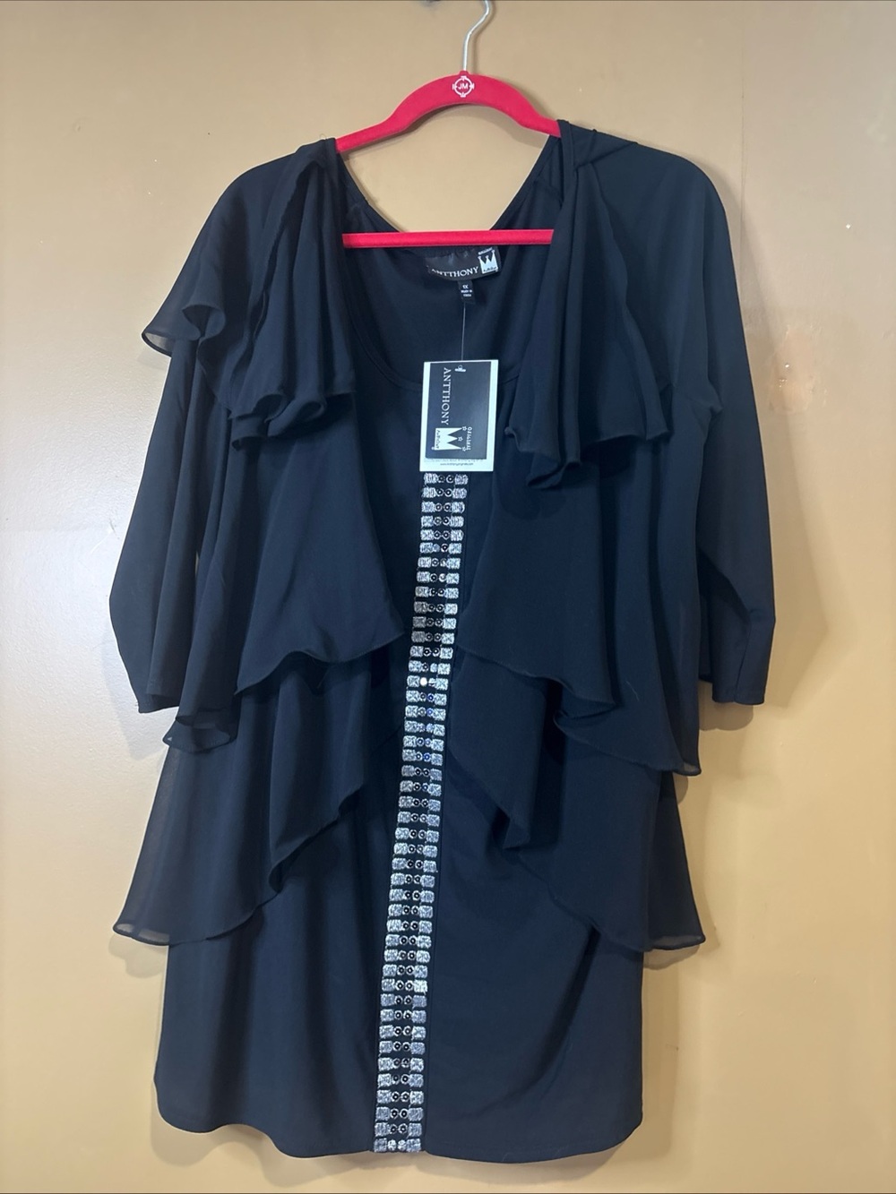 HC973. Antthony Originals Black Ruffle Blouse. Front Silver Designs Blouse 1X